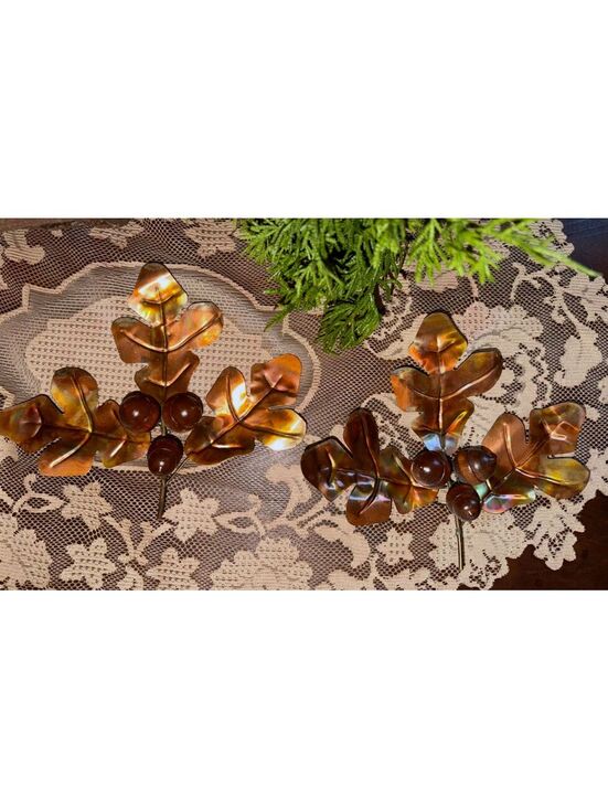 HOMCO Other - VTG Set 2 Wall Decor Brass Oak Leaves Wood Acorns Cabin Rustic Cottage Nature